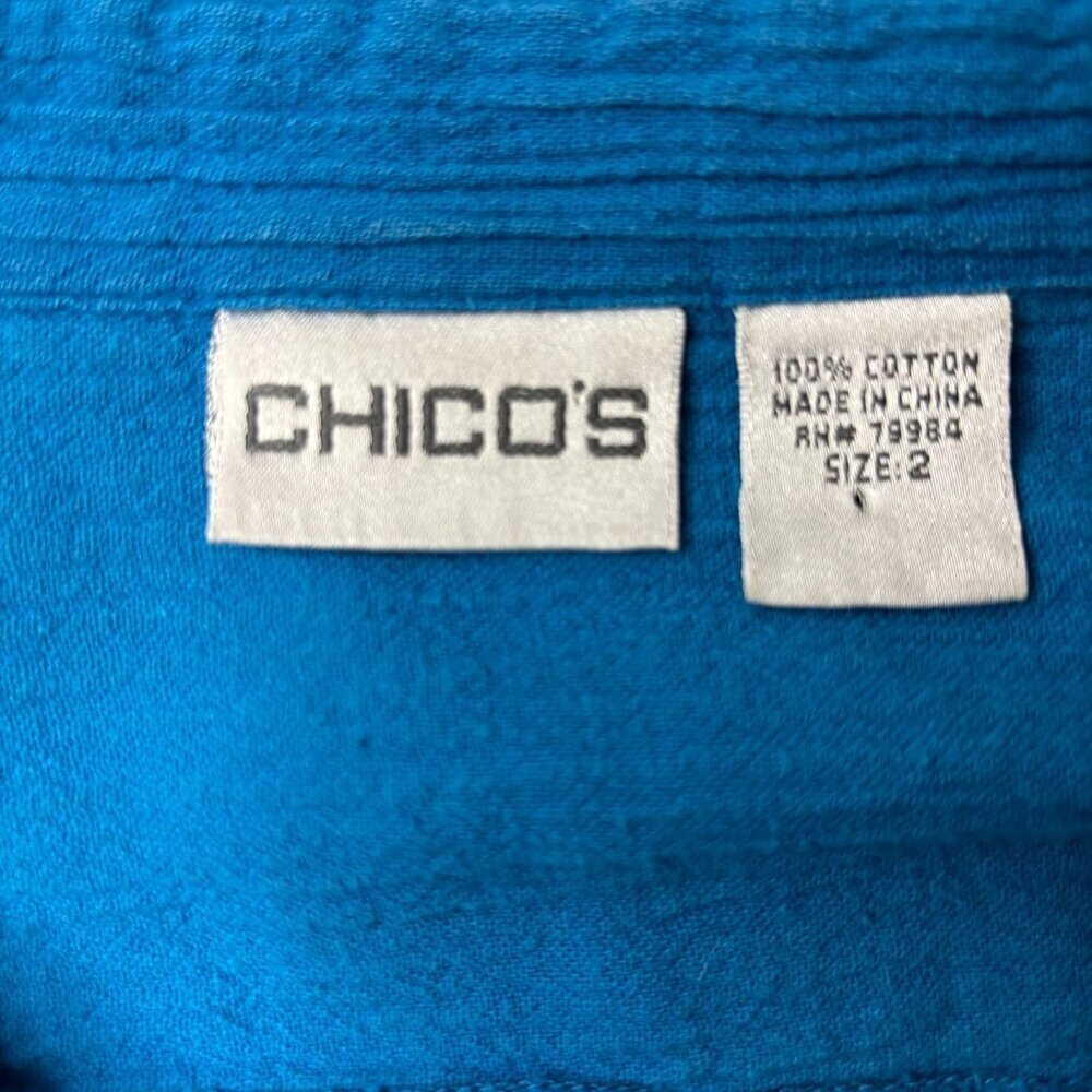 CHICO'S Blouse Women's 2 Medium Teal Roll Tab Sleeve Button Up Collared Casual - Picture 3 of 4